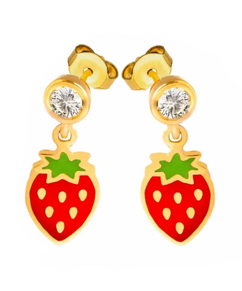 Złote kolczyki próby 585 w kształcie truskawki z małą cyrkonią, barwione emalią. Idealne dla dzieci i nastolatek.