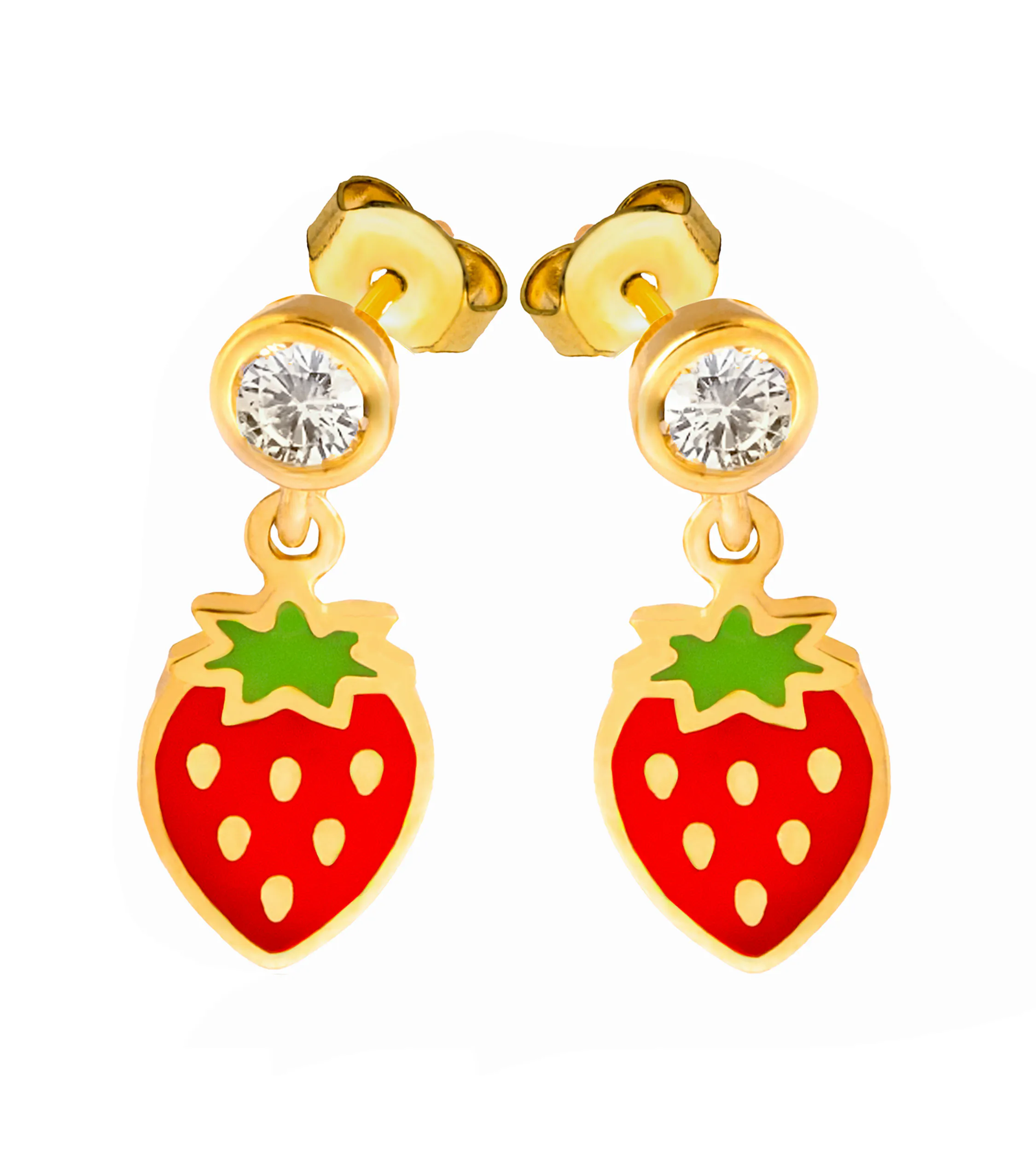 Złote kolczyki próby 585 w kształcie truskawki z małą cyrkonią, barwione emalią. Idealne dla dzieci i nastolatek.