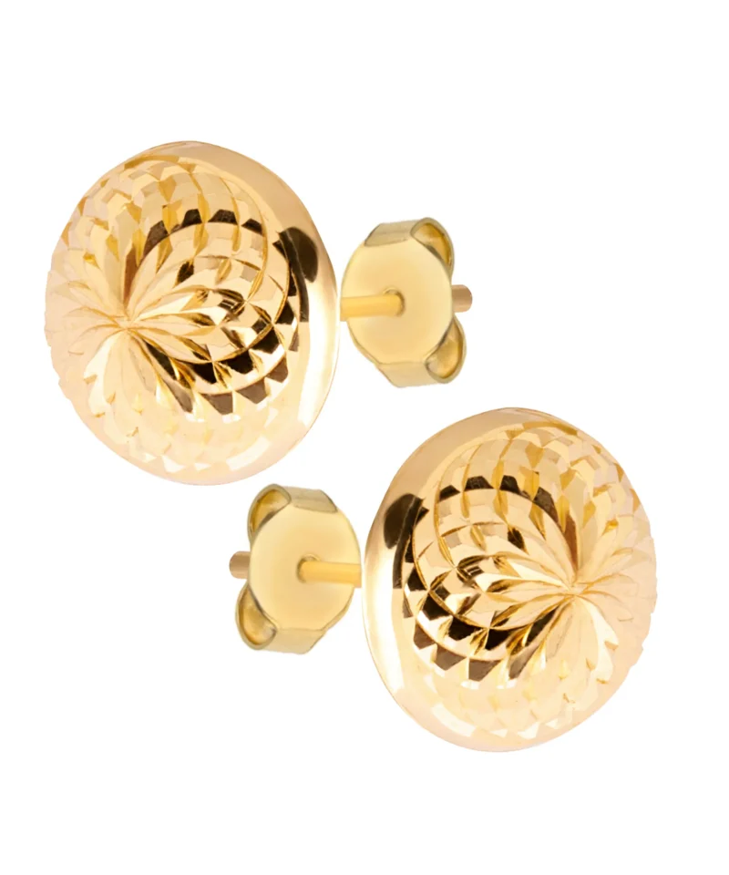 Złote kolczyki próby 585 na sztyfcie, spłaszczone kulki o średnicy 9,2 mm z szlifem diamentowym. Kolczyki błyszczące, minimalistyczne, idealne do każdej stylizacji.