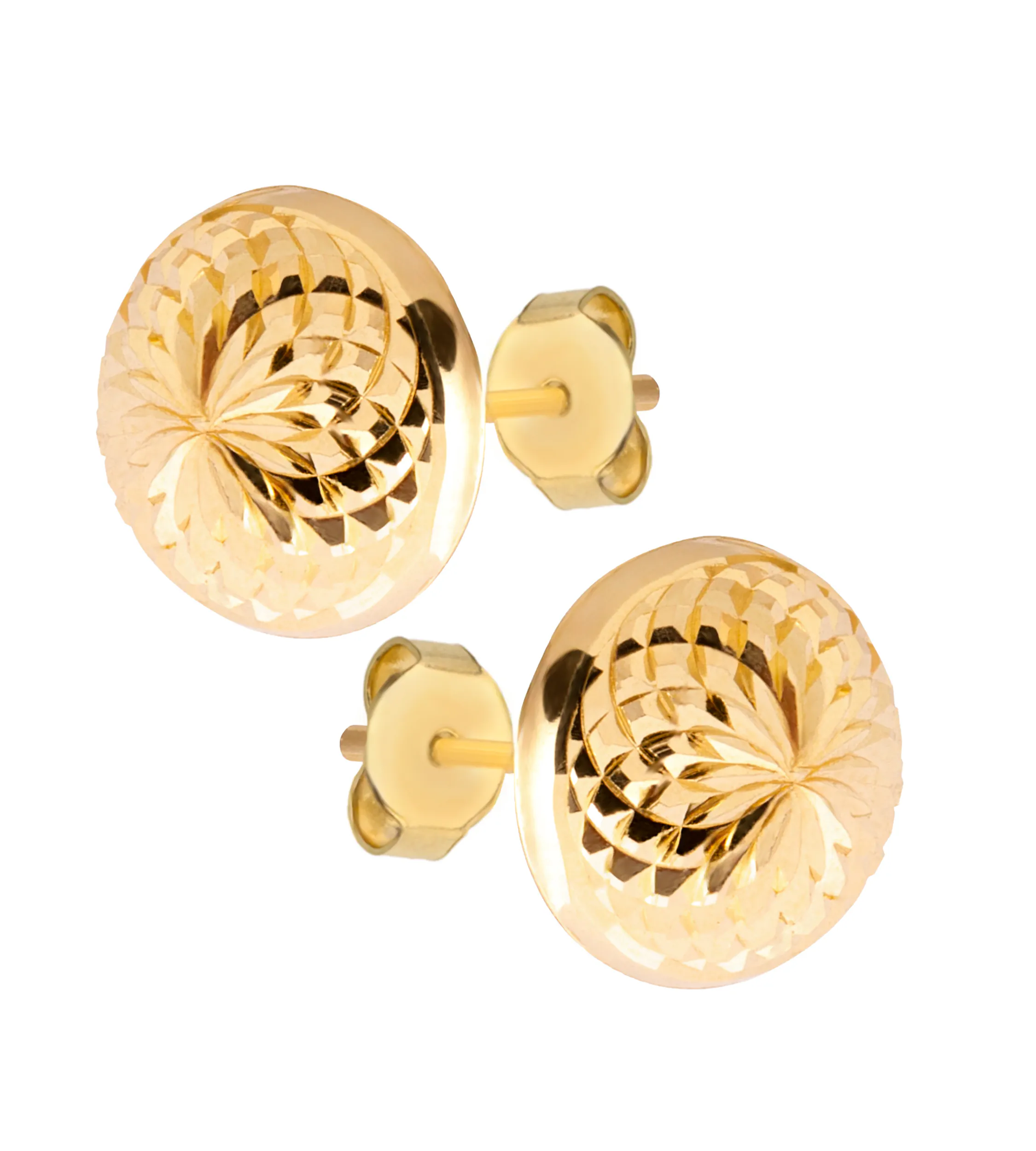 Złote kolczyki próby 585 na sztyfcie, spłaszczone kulki o średnicy 9,2 mm z szlifem diamentowym. Kolczyki błyszczące, minimalistyczne, idealne do każdej stylizacji.