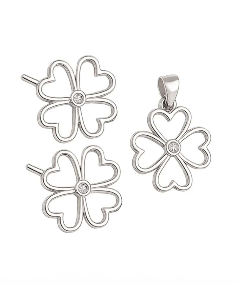 Komplet biżuterii srebrnej koniczynki z cyrkonią