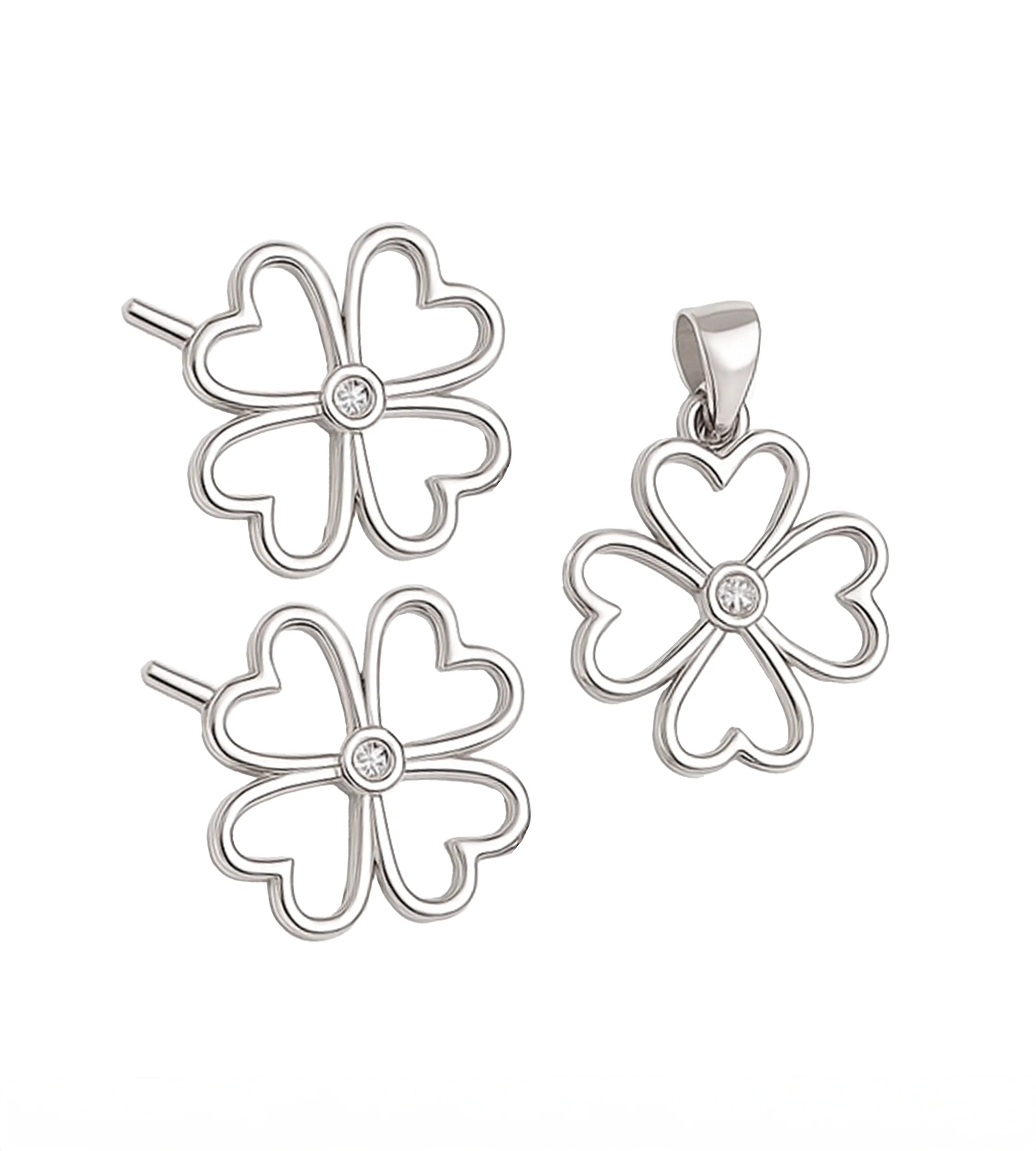 Komplet biżuterii srebrnej koniczynki z cyrkonią