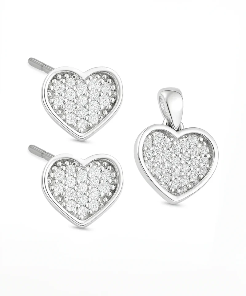 Srebrny komplet kolczyki i zawieszka w kształcie serca z kamieniami