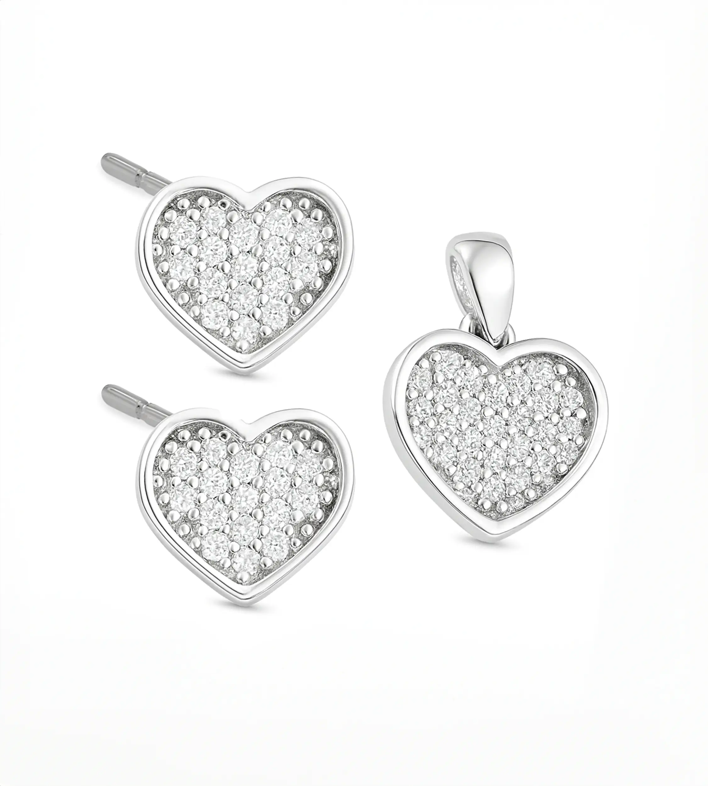 Srebrny komplet kolczyki i zawieszka w kształcie serca z kamieniami