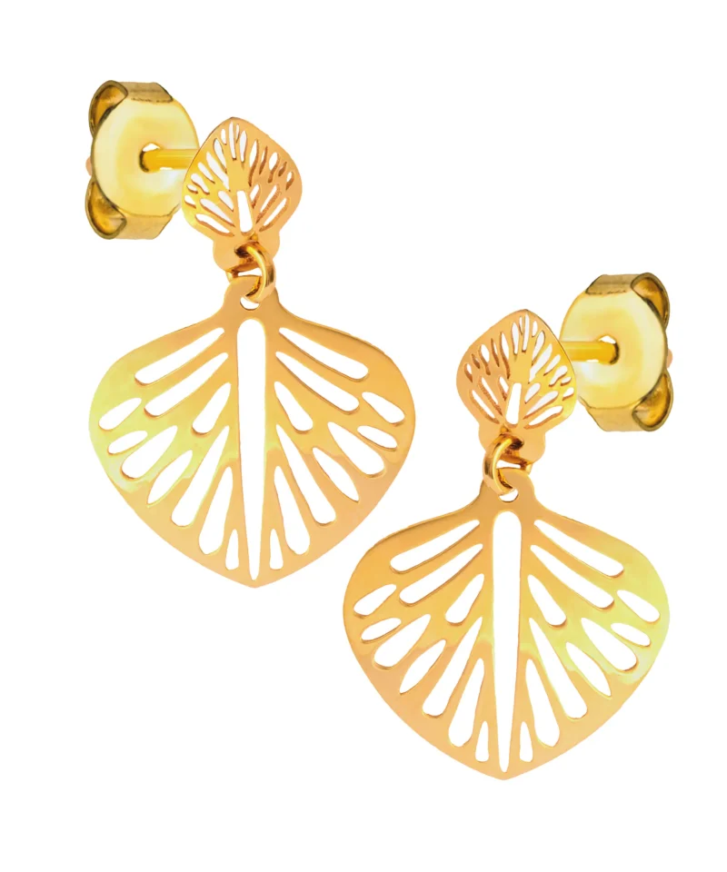 Złote kolczyki próby 585 z zapięciem typu sztyft, w kształcie liści monstery. Ażurowane kolczyki z większym liściem Eleganckie i uniwersalne.