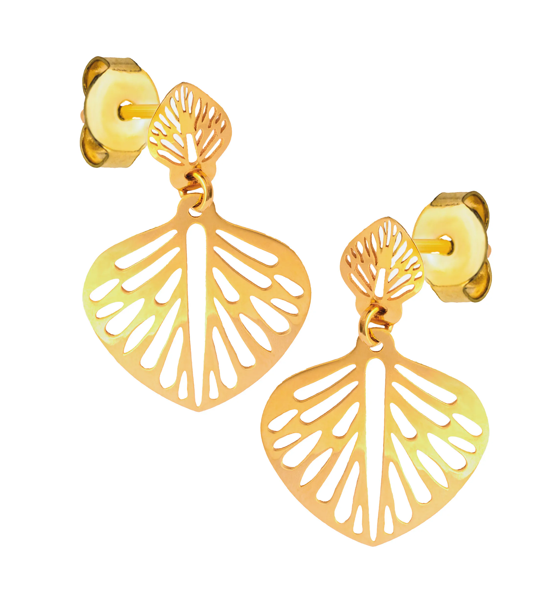 Złote kolczyki próby 585 z zapięciem typu sztyft, w kształcie liści monstery. Ażurowane kolczyki z większym liściem Eleganckie i uniwersalne.