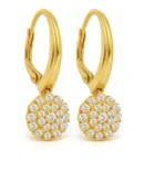 Długie złote kolczyki próby 585 z przodem wykładanym cyrkoniami, z zapięciem angielskim. Długość 2,7 cm, elegancki i błyszczący design.