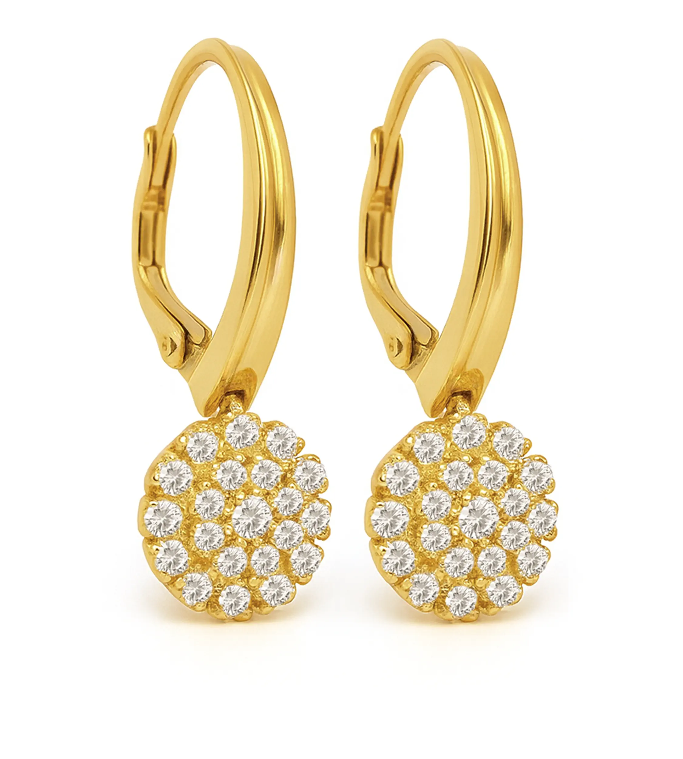 Długie złote kolczyki próby 585 z przodem wykładanym cyrkoniami, z zapięciem angielskim. Długość 2,7 cm, elegancki i błyszczący design.