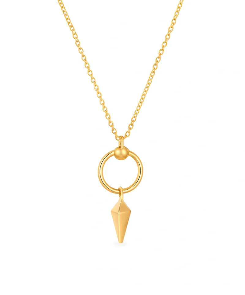 Złoty naszyjnik z grotem próby 585 z łańcuszkiem ankier i minimalistyczną zawieszką w kształcie koła z wiszącym grotem. Nowoczesny design, doskonały do każdej stylizacji.