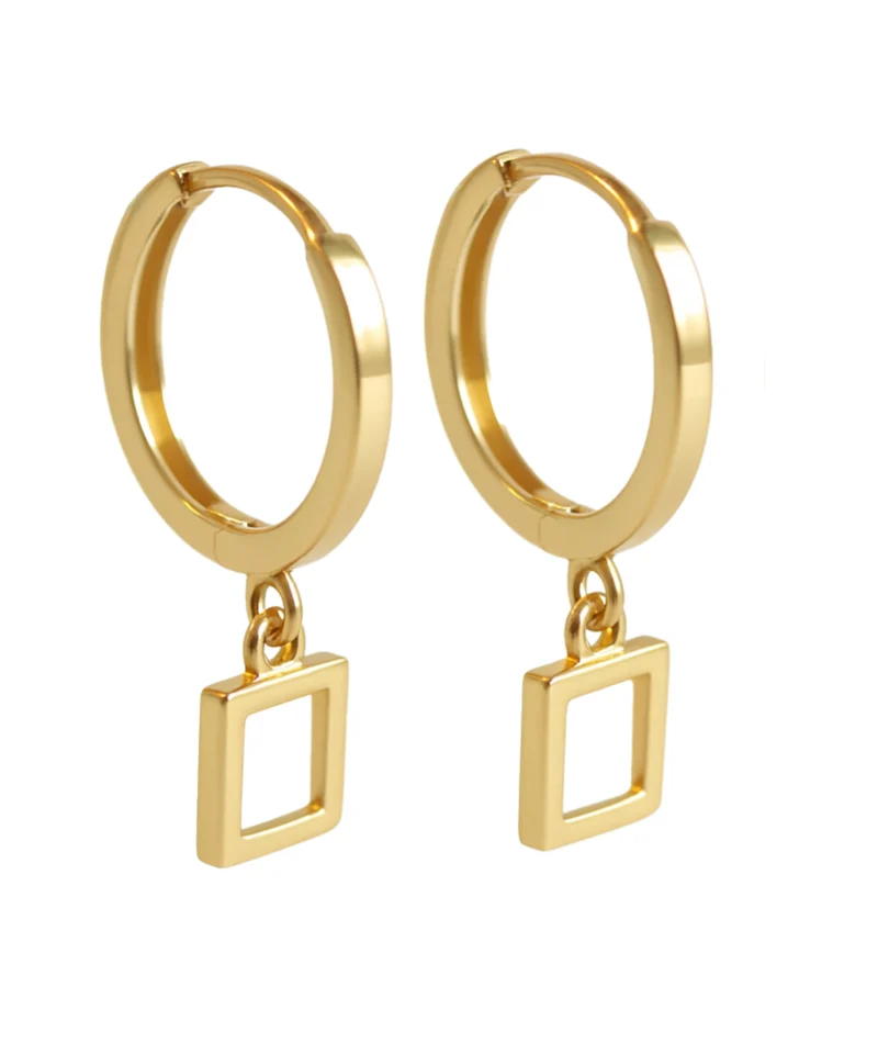 Złote kolczyki kółeczka z kwadratem - nowoczesne kolczyki dla dziecka i dziewczynki oraz dla dorosłej osoby