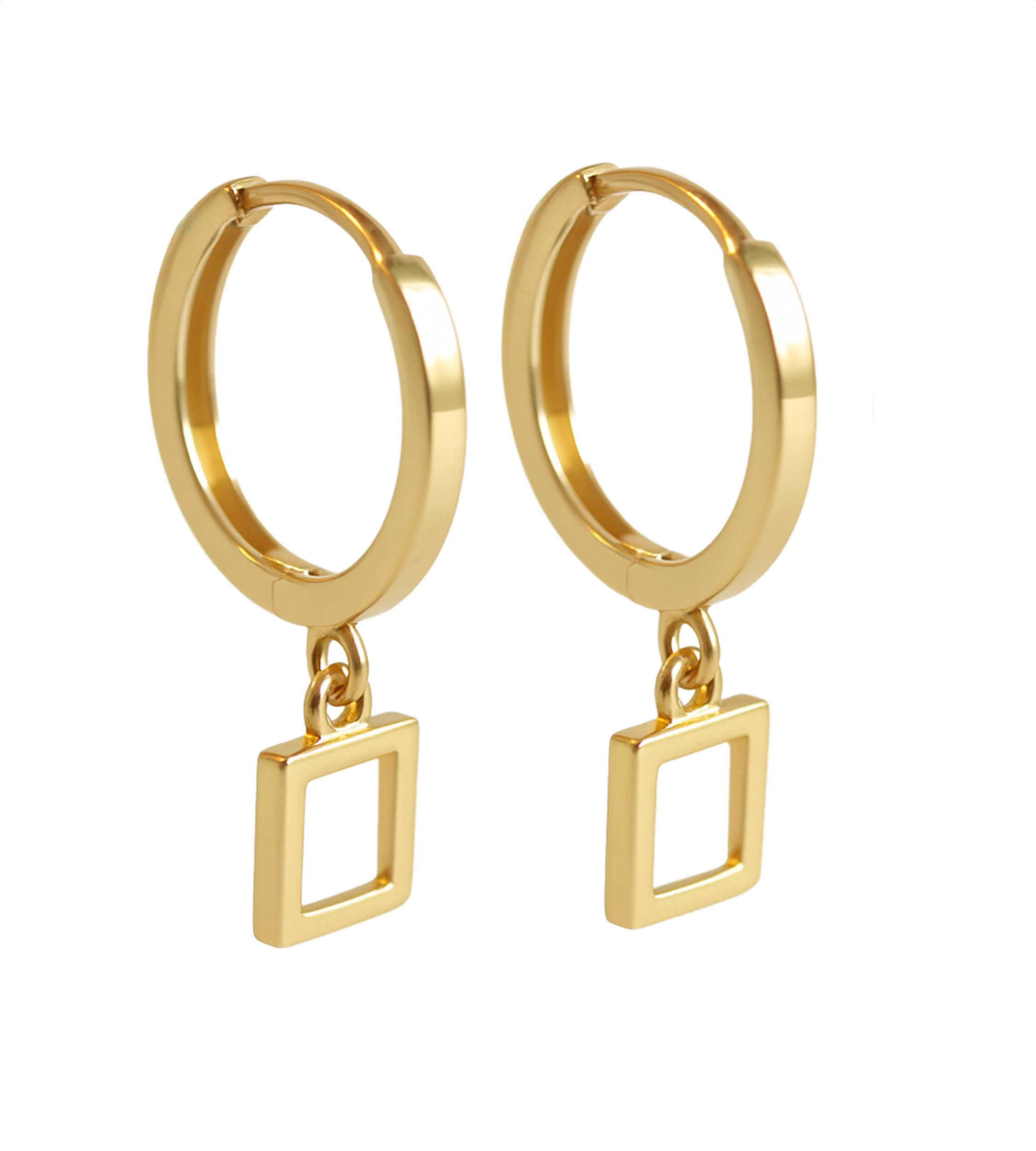 Złote kolczyki kółeczka z kwadratem - nowoczesne kolczyki dla dziecka i dziewczynki oraz dla dorosłej osoby