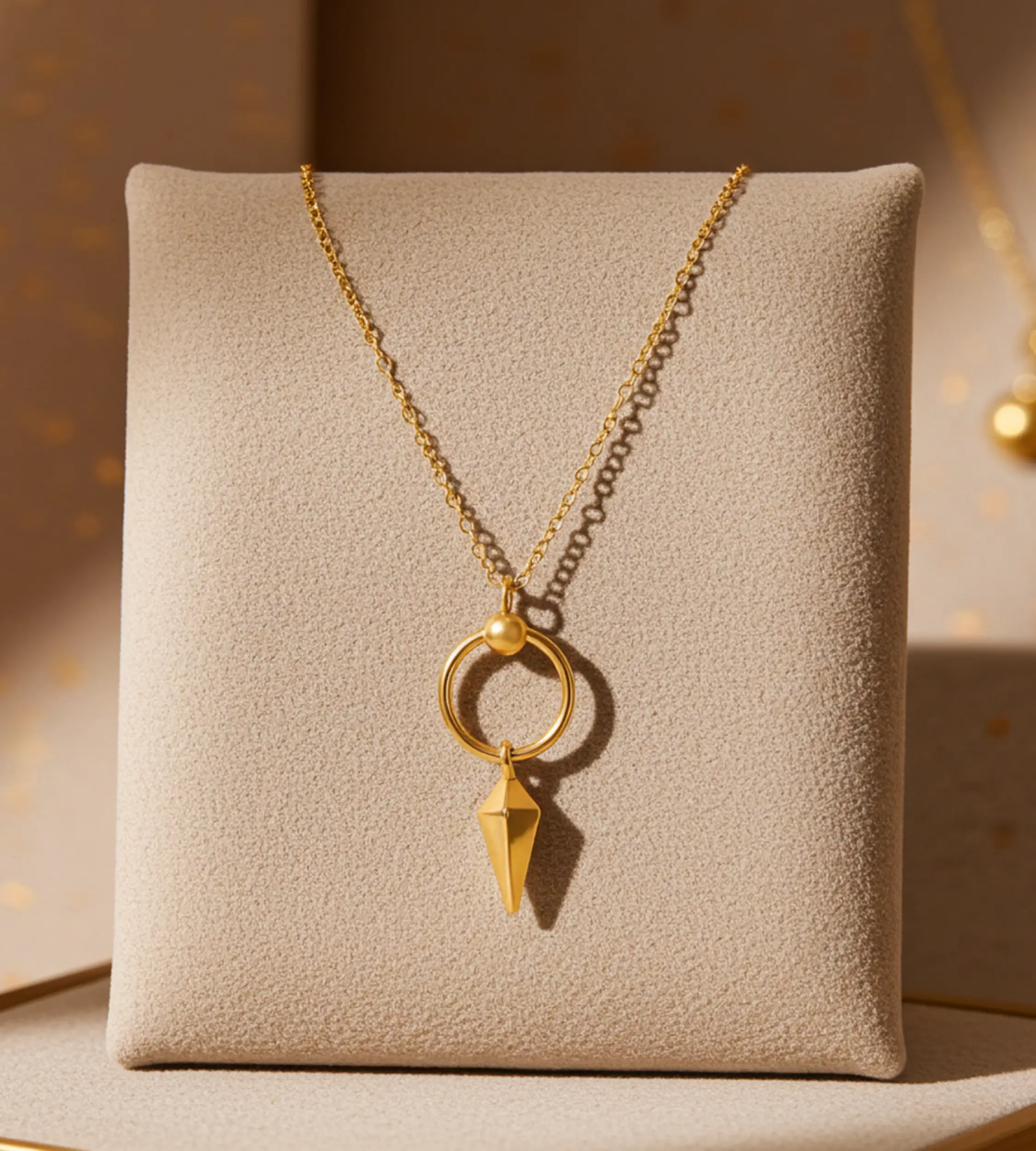 złoty nowoczesny naszyjnik z kolem i grotem, idealny do stylizacji boho