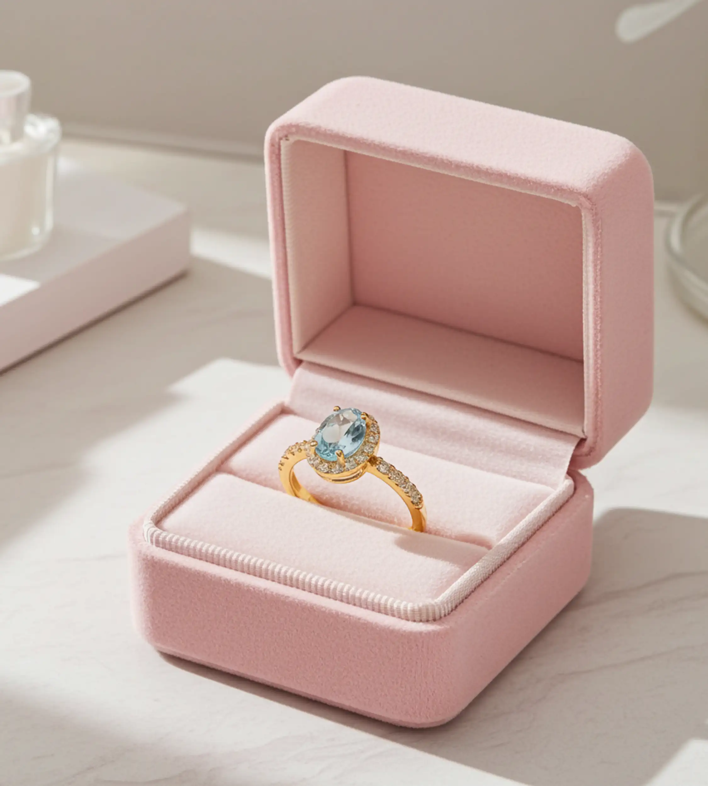 Złoty pierścionek z niebieskim kamieniem - topazem w opakowaniu jubilerskim