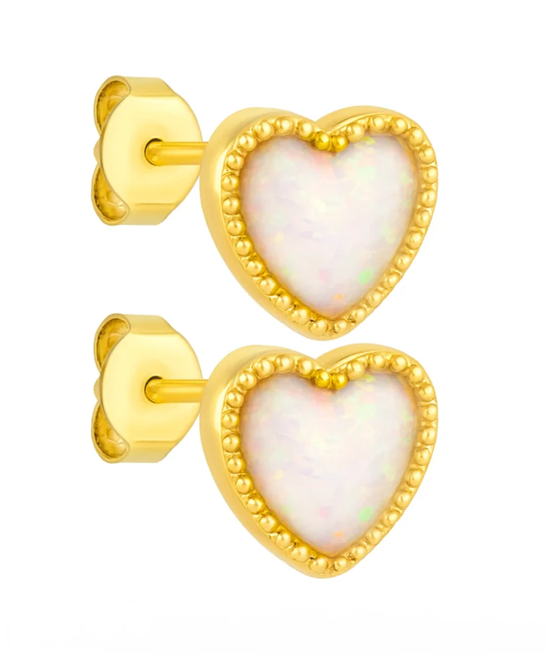 Złote kolczyki z opalem, delikatna biżuteria dla dziecka i kobiety, kolczyki serduszka