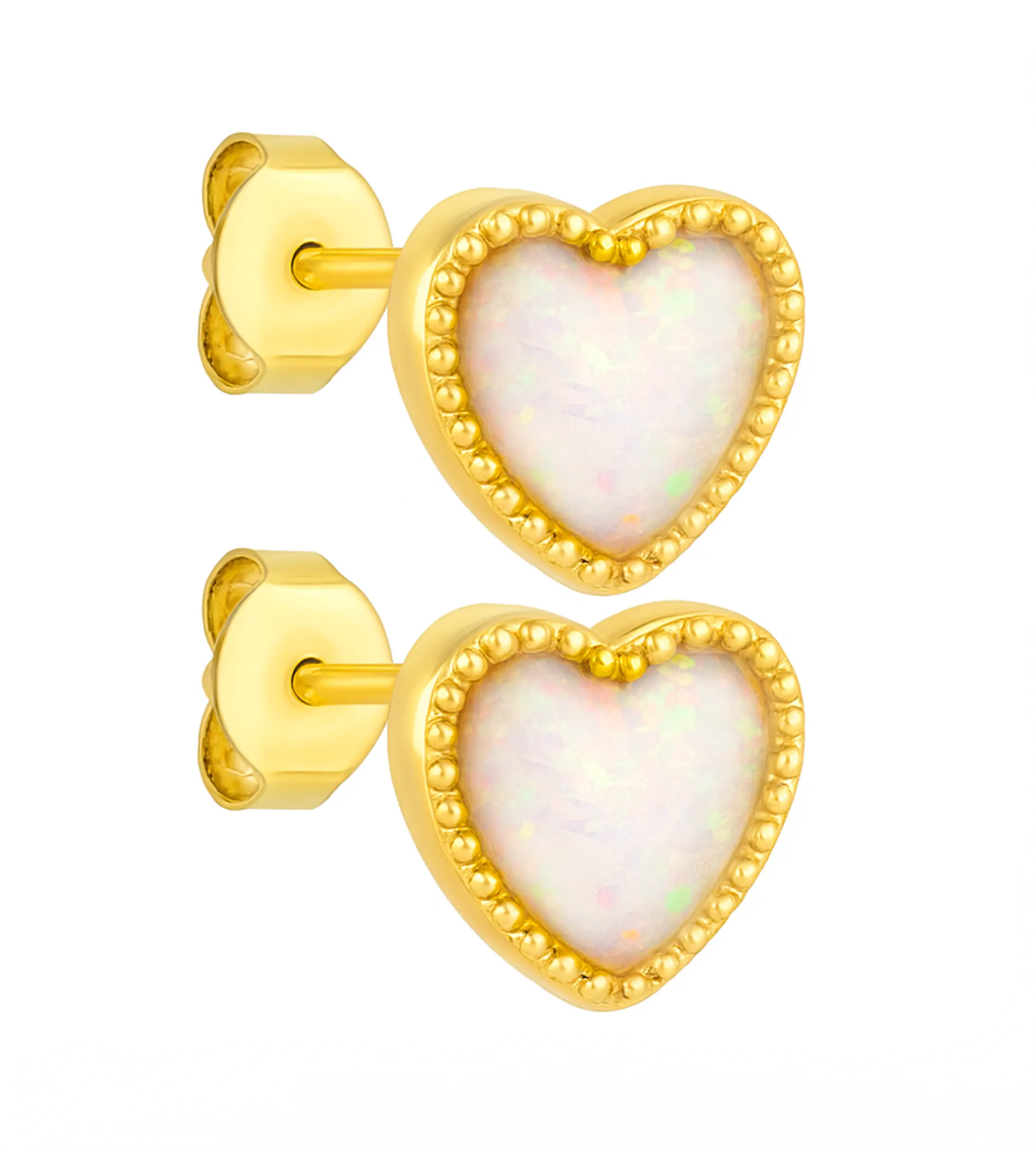Złote kolczyki z opalem, delikatna biżuteria dla dziecka i kobiety, kolczyki serduszka