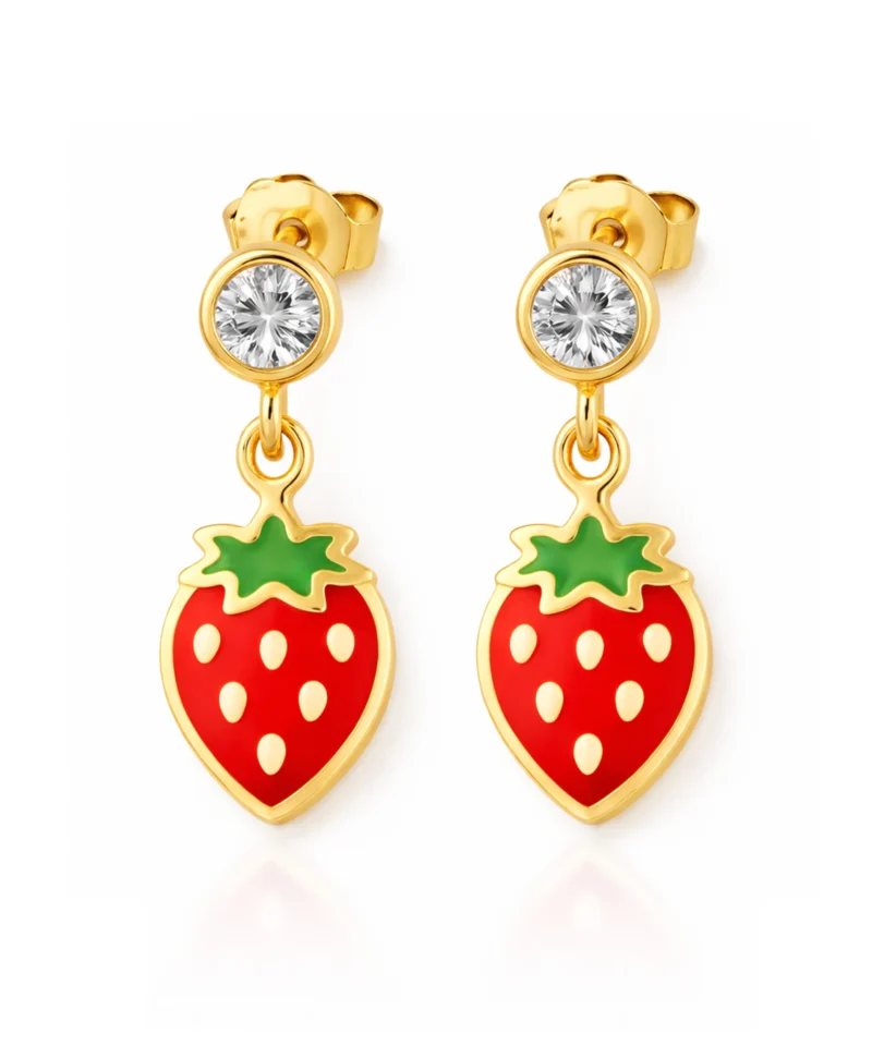 Złote kolczyki próby 585 w kształcie truskawki z małą cyrkonią, barwione emalią. Idealne dla dzieci i nastolatek.