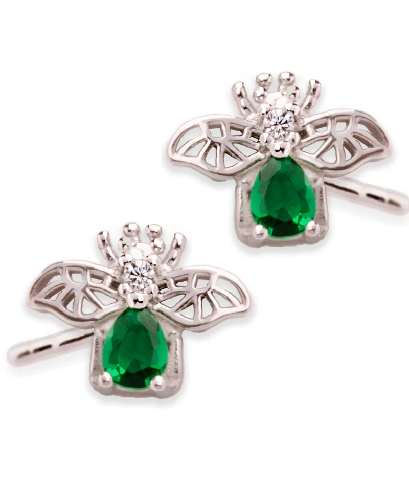 Kolczyki srebrne z zielonym kamieniem 925 pszczółki