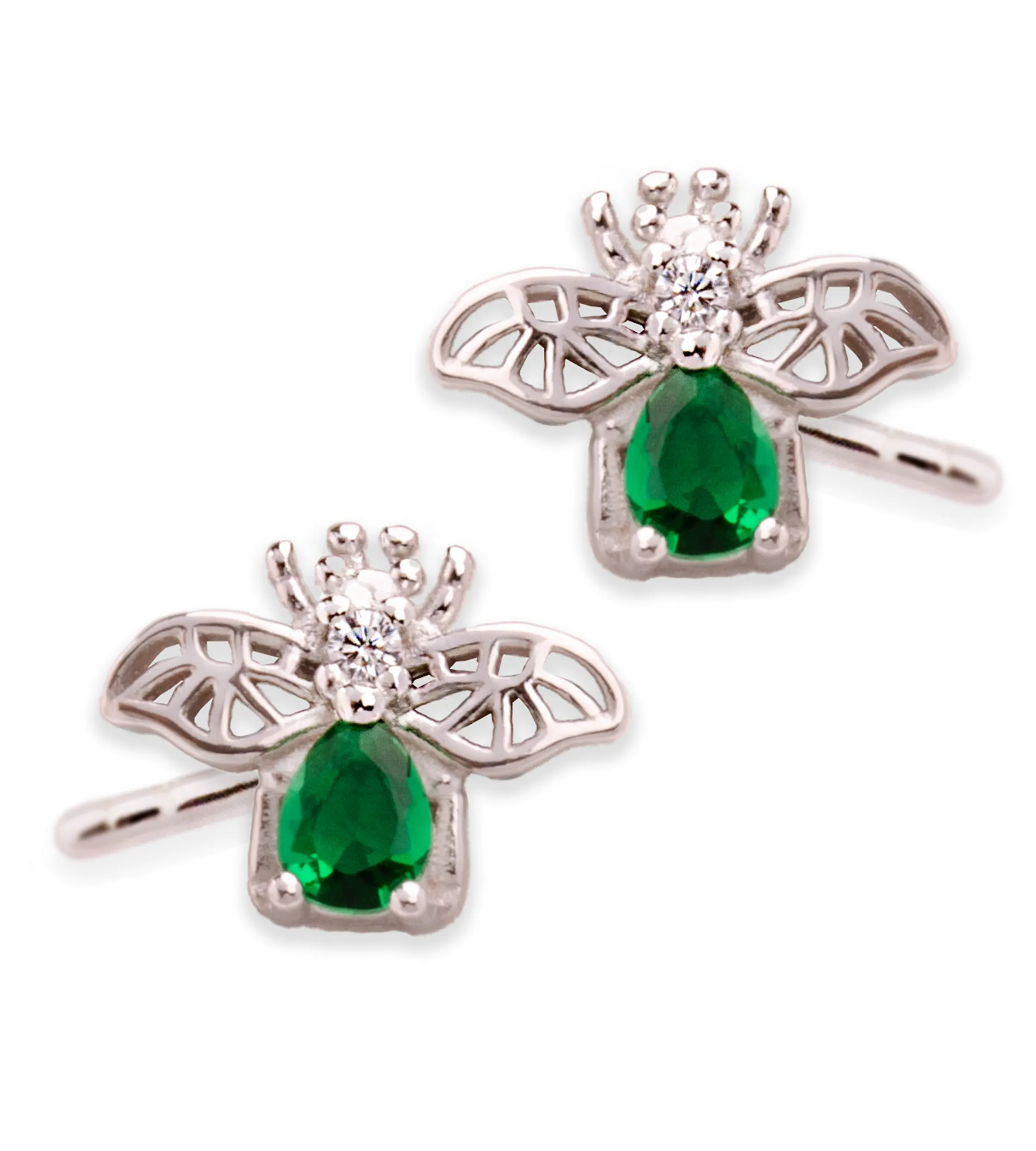 Kolczyki srebrne z zielonym kamieniem 925 pszczółki