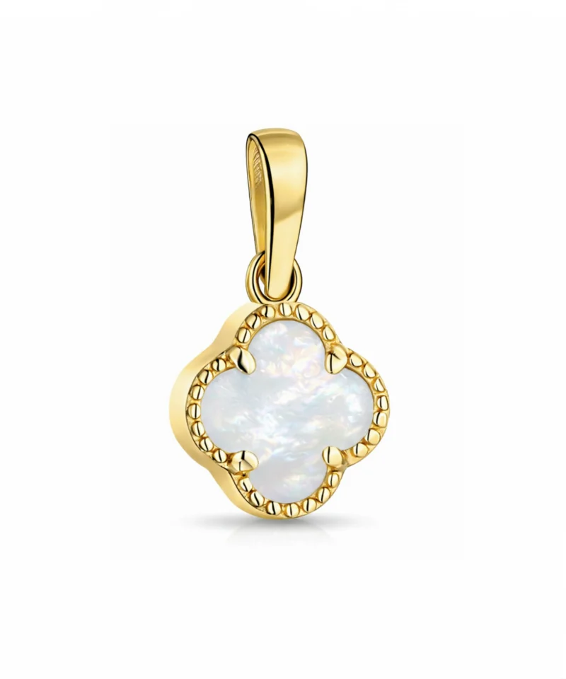 Złota zawieszka koniczynka z masą perłową