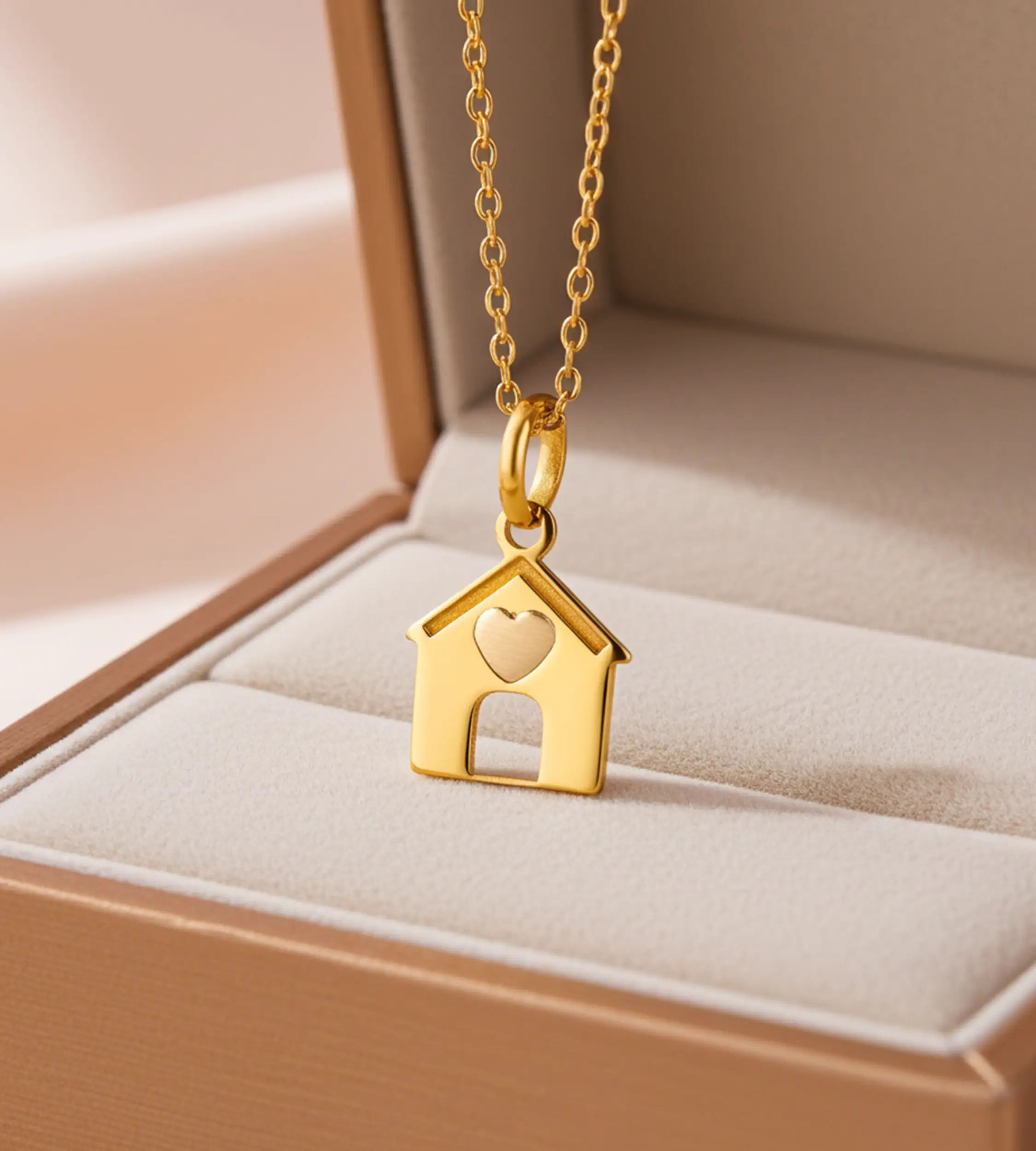 Złoty wisiorek domek z serduszkiem