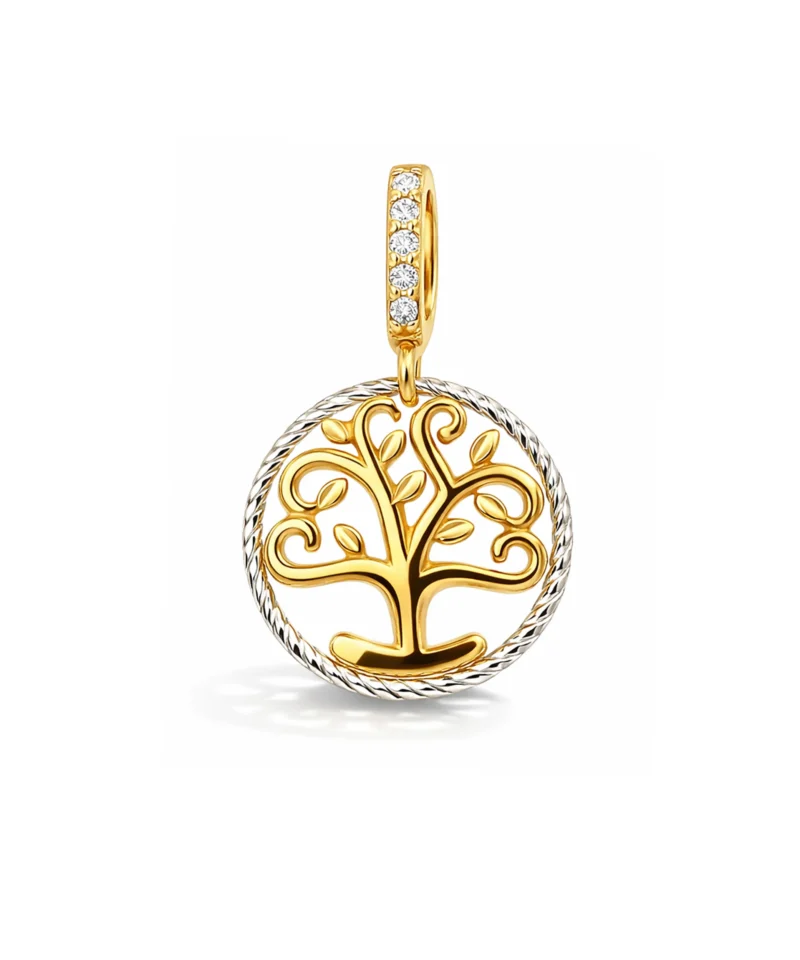 Zawieszka 585 z drzewkiem szczęścia z żółtego złota, wpisanym w diamentowane koło z białego złota.
