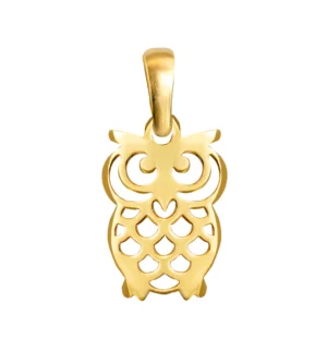 Złota zawieszka 585 w kształcie ażurowej sowy z wyciętymi oczami i wzorem piór