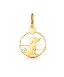 Złota zawieszka 585 z pieskiem siedzącym bokiem, okrągły kształt