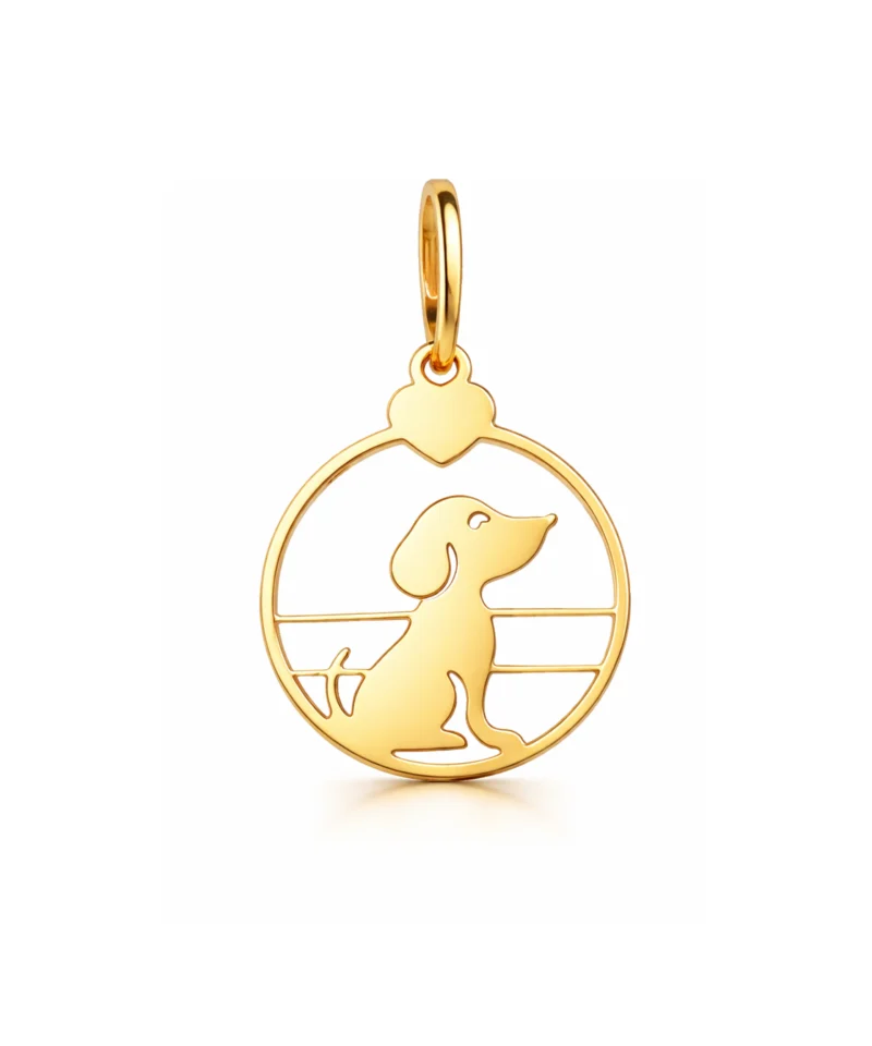 Złota zawieszka 585 z pieskiem siedzącym bokiem, okrągły kształt
