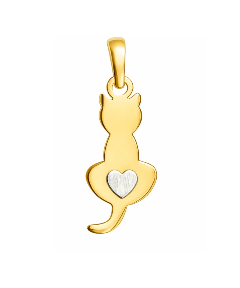 Złota zawieszka 585 w kształcie siedzącego kotka z wyciętym serduszkiem na plecach – smukła i symboliczna