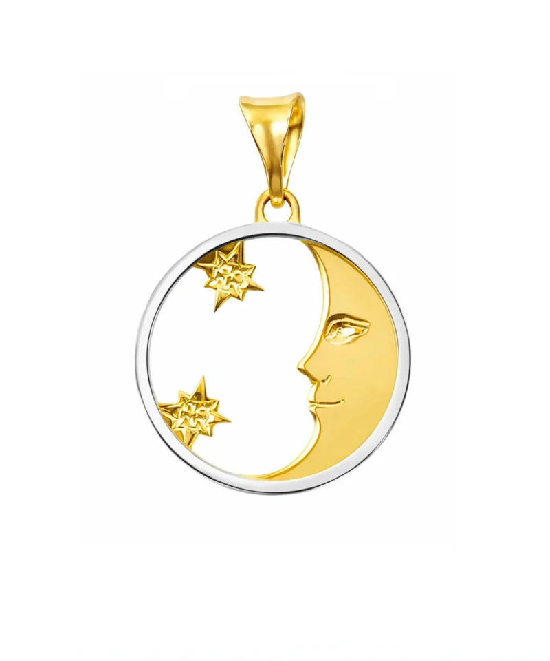 Złota zawieszka księżyc - żółte i białe złoto, diamentowana