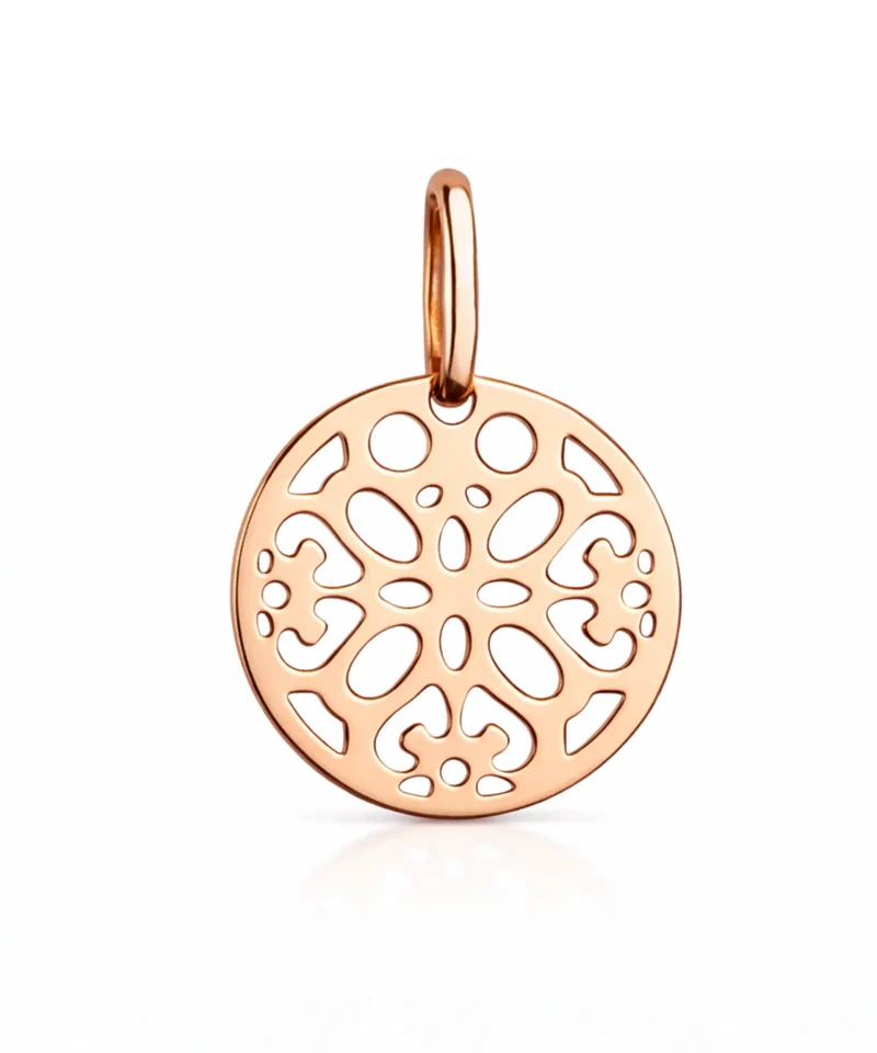 Zawieszka z różowego złota 585 w kształcie ażurowego koła z motywem mandali – delikatna, symboliczna ozdoba.