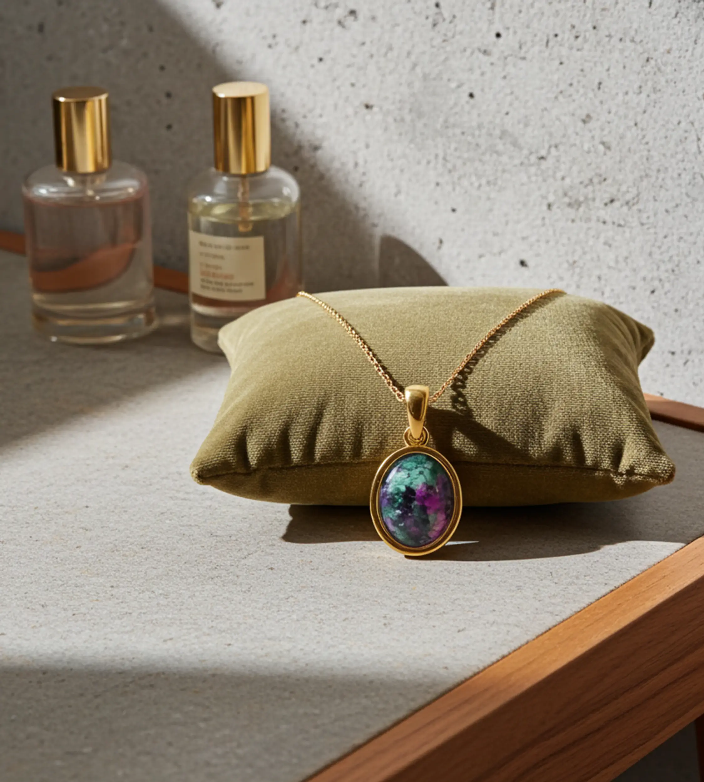 zawieszka owalna z zielonym kamieniem. Wisiorek wykonany z pozłacanego srebra