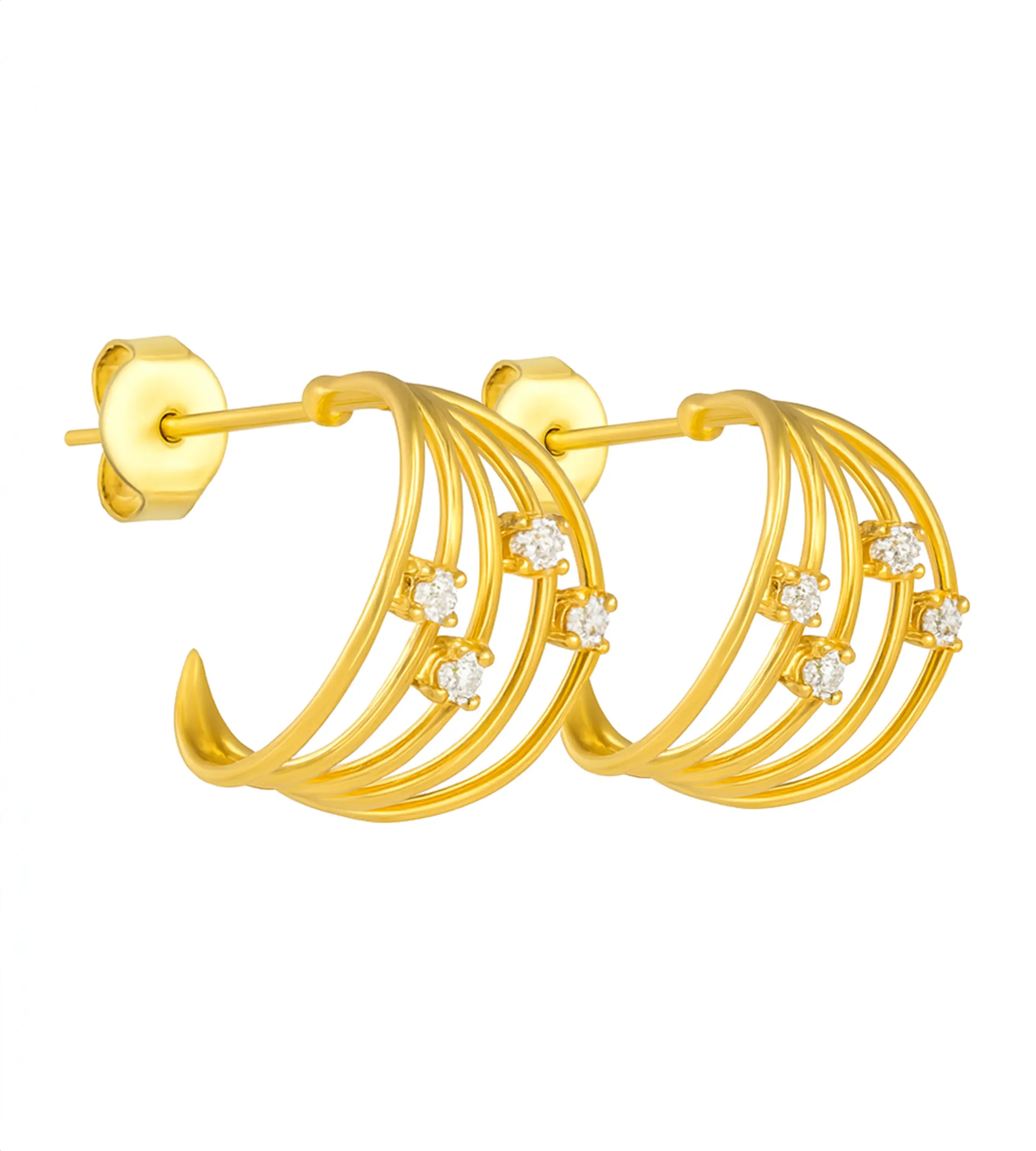 Złote kolczyki półkola z cyrkoniami - kolczyki potrójne