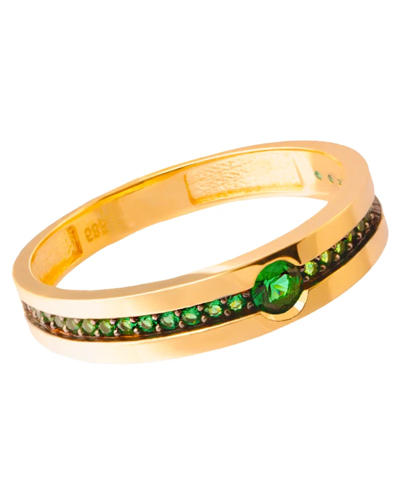 Złoty pierścionek 585 z zielonymi oczkami