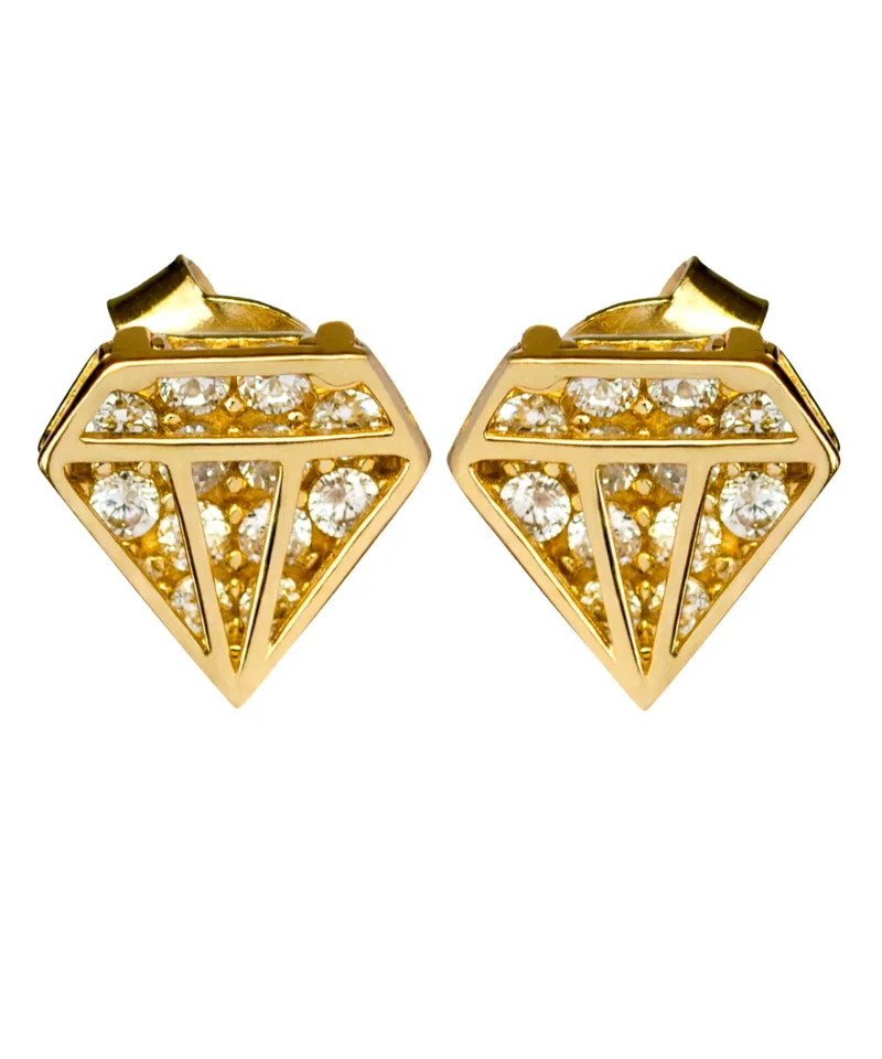 Złote kolczyki próby 585 w kształcie diamentu z zapięciem typu sztyft, o długości 7,6 mm i szerokości 8,1 mm. Minimalistyczna i klasyczna biżuteria.