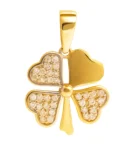 Złota zawieszka próby 585 w kształcie czterolistnej koniczyny z białymi cyrkoniami, elegancka biżuteria symbolizująca szczęście, idealna na prezent.