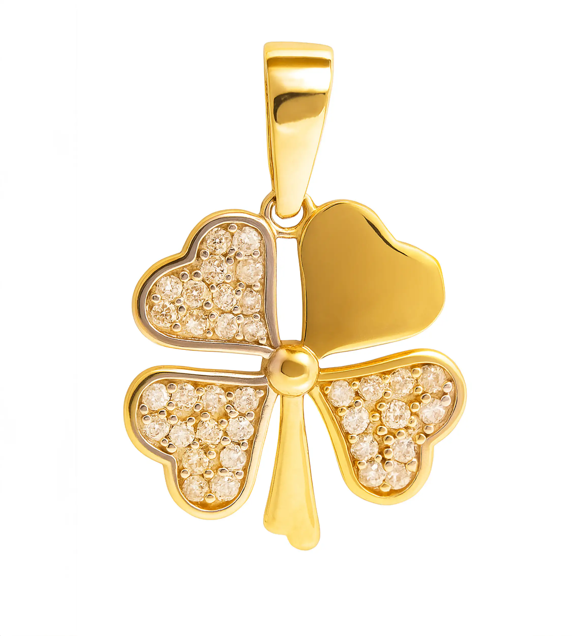 Złota zawieszka próby 585 w kształcie czterolistnej koniczyny z białymi cyrkoniami, elegancka biżuteria symbolizująca szczęście, idealna na prezent.
