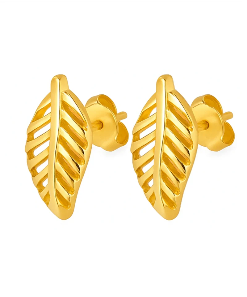 Złote kolczyki próby 585 w kształcie listków, sztyft, 10 x 5,5 mm, elegancka biżuteria na prezent.