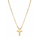 Złoty naszyjnik próby 585 z delikatnym, błyszczącym krzyżykiem na łańcuszku o splocie kostka. Idealny wybór dla minimalistek i subtelnych stylizacji.