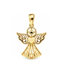 Złota zawieszka próby 585 w kształcie aniołka trzymającego serce, ażurowa biżuteria, idealna na prezent z okazji Chrztu, Komunii lub Bierzmowania.