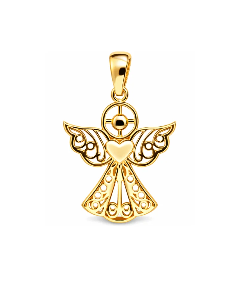 Złota zawieszka próby 585 w kształcie aniołka trzymającego serce, ażurowa biżuteria, idealna na prezent z okazji Chrztu, Komunii lub Bierzmowania.