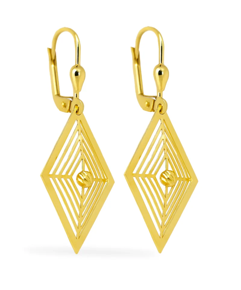 Złote wiszące kolczyki w kszyałcie geometrycznym kwadratowym