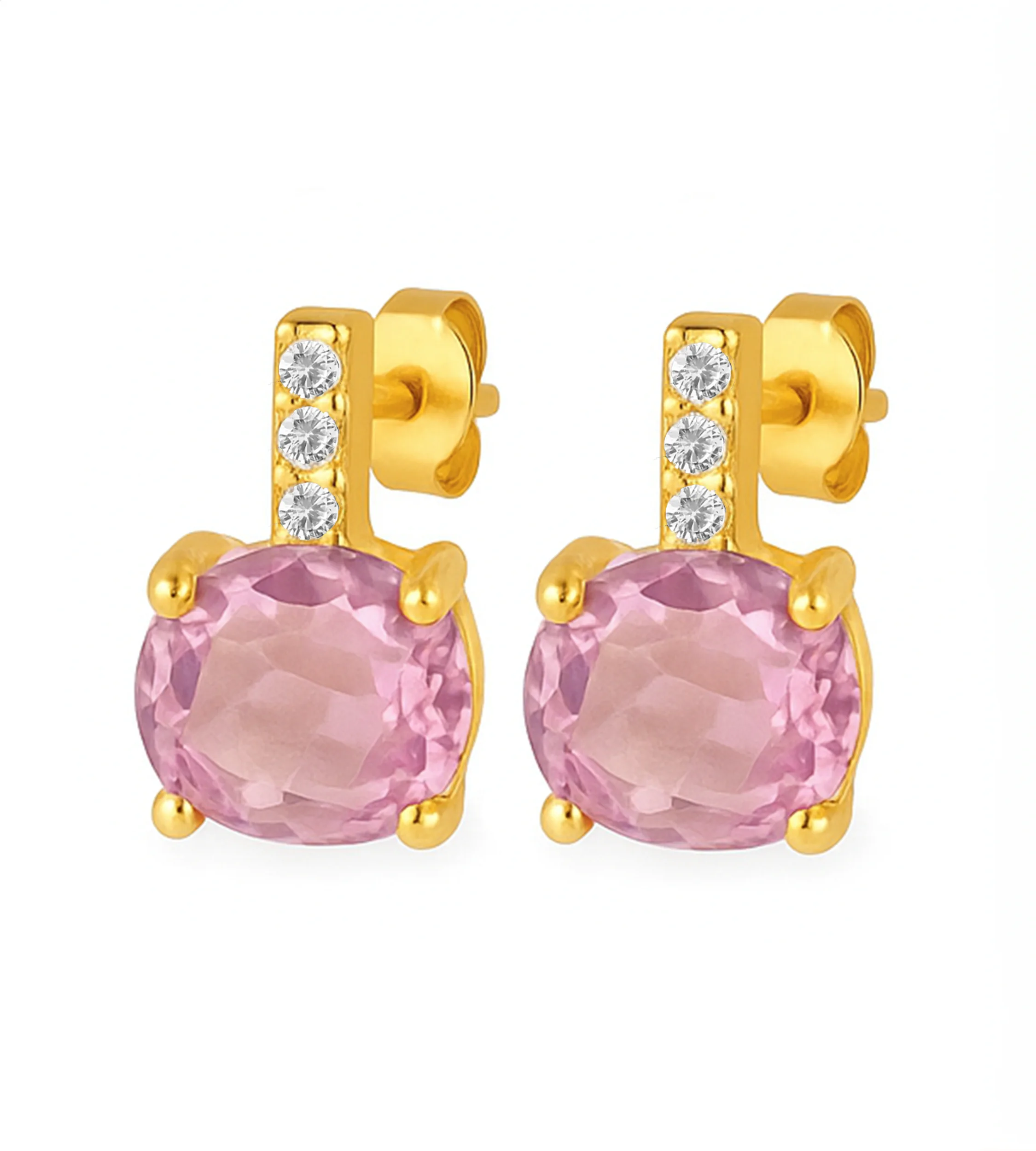 Złote kolczyki próby 585 z dużą fioletową cyrkonią 6 mm i trzema małymi białymi cyrkoniami. Pięknie błyszcząca biżuteria do eleganckich stylizacji.