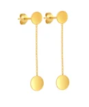 Złote kolczyki próby 585, sztyft, połączone łańcuszkiem, minimalistyczne, 3,5 cm długości, idealne do codziennych i eleganckich stylizacji.