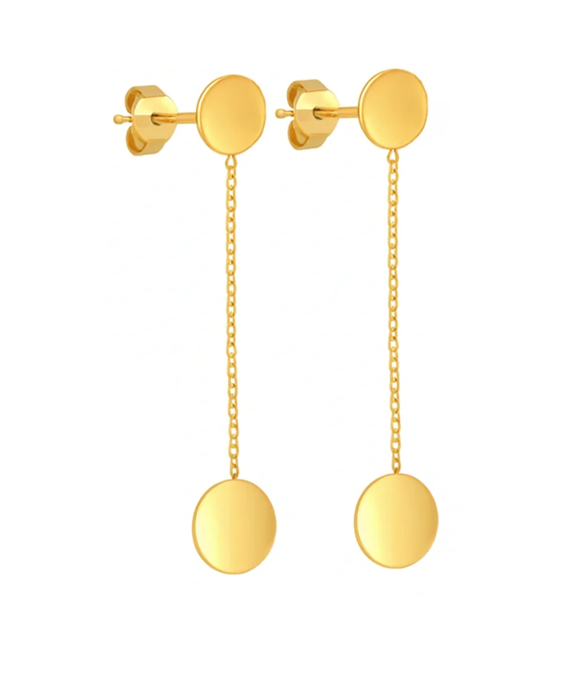 Złote kolczyki próby 585, sztyft, połączone łańcuszkiem, minimalistyczne, 3,5 cm długości, idealne do codziennych i eleganckich stylizacji.