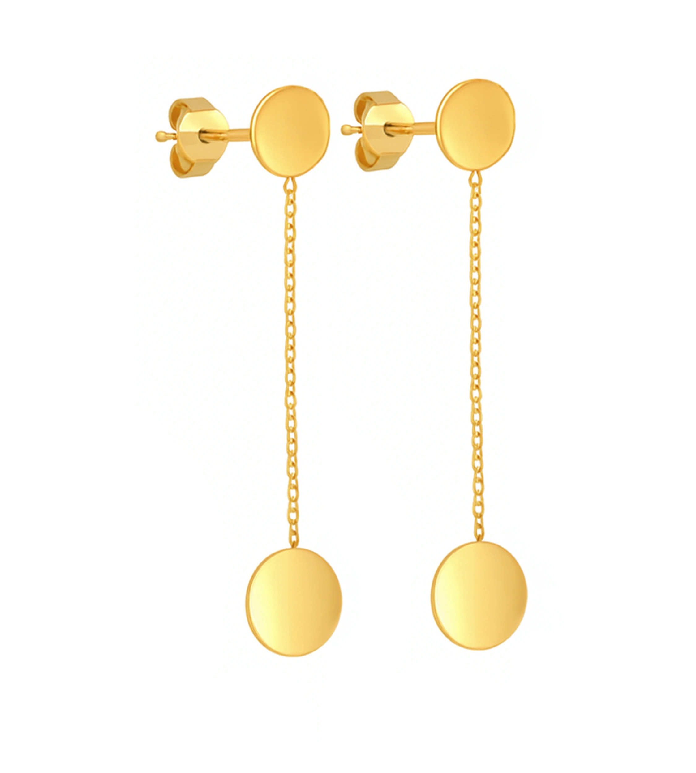 Złote kolczyki próby 585, sztyft, połączone łańcuszkiem, minimalistyczne, 3,5 cm długości, idealne do codziennych i eleganckich stylizacji.