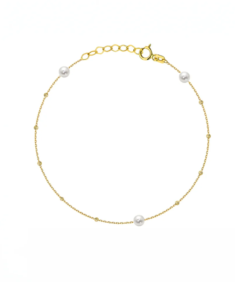 Złota bransoletka z perłami naturalnymi i diamentowanymi kuleczkami 585 – packshot