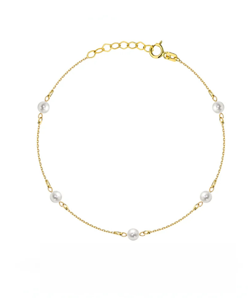 Złota bransoletka z pięcioma perłami naturalnymi 585 – packshot na białym tle